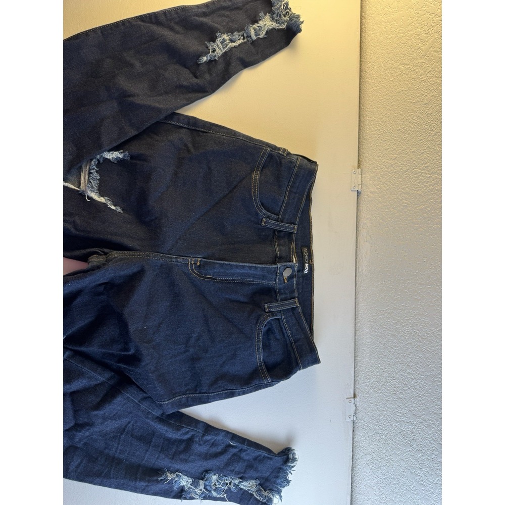 Fashion Nova Distressed Frayed Hem Dark Blue Skinny Jeans P1213 M1506 15 W31